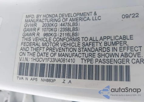2022 Honda Accord Sport from USA, damaged, VIN 1HGCV1F33NA081410
